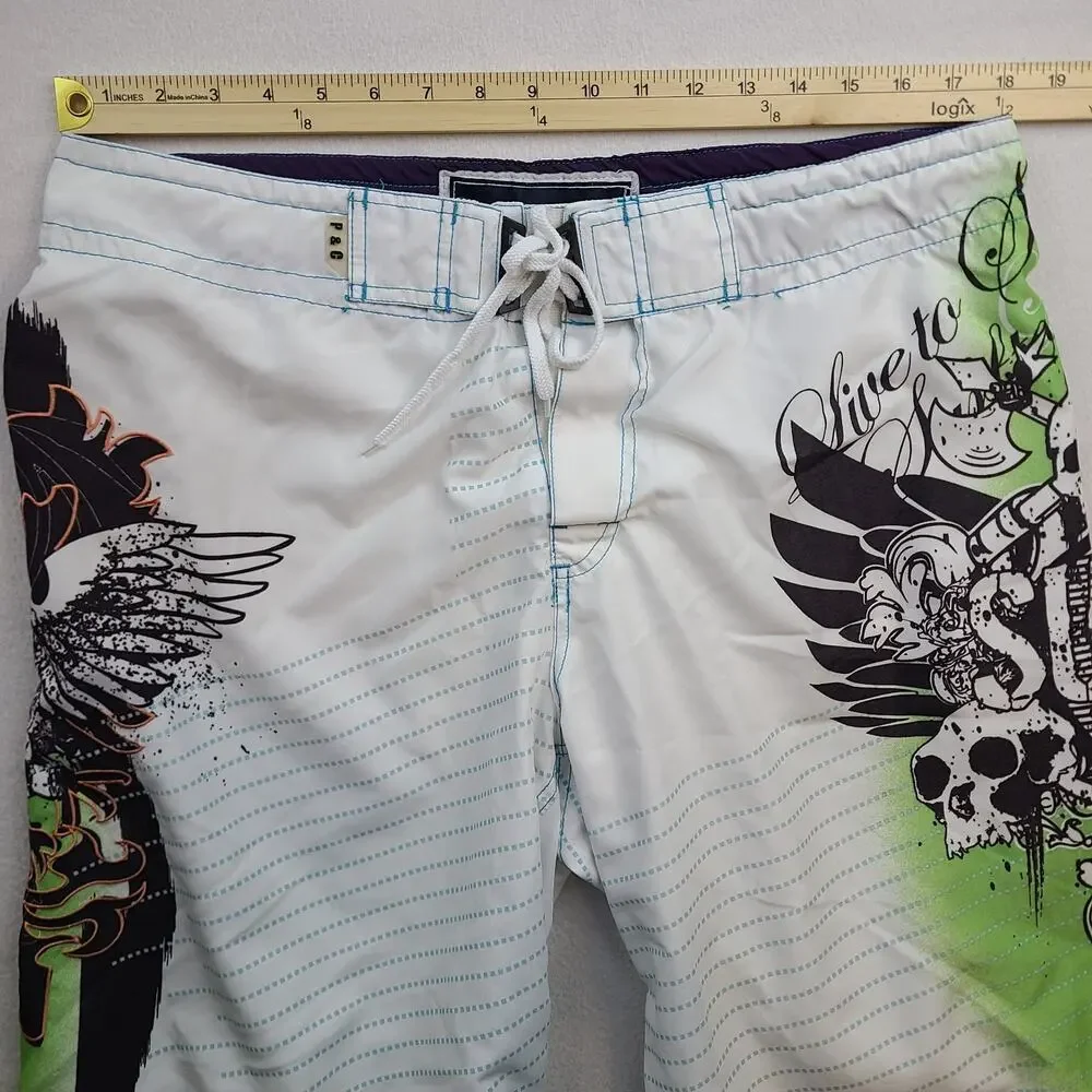 Pacific & Co Miami Board Shorts White Green Skull Surf Swim Trunks Mens 32